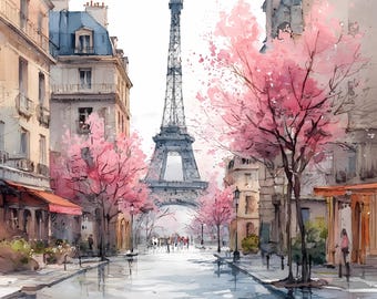 Paris Eiffel Tower Cherry Blossom Art Set of 14, Watercolor Spring Wall Art Romantic Pink Tree Illustration Parisian Street Printable Decor
