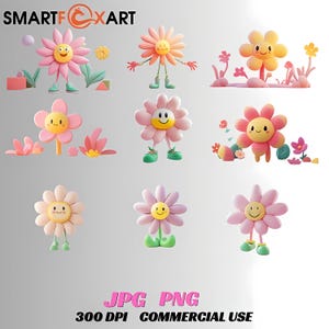 Whimsical Smiling Flower Clipart Set, Cute Cartoon Floral Characters in Shoes, 3D Kawaii Pastel Bloom PNG and JPG Bundle for Kids Room Decor
