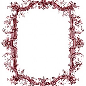 Może przedstawiać: Burgundowa, ozdobna prostokątna rama z misterne wzory kwiatowe i przewijane. Rama ma szczegółową, zabytkową estetykę, idealną do dodania odrobiny elegancji do każdego dzieła sztuki lub zdjęcia.
