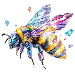 May include: A watercolor illustration of a bee with crystal-like wings and body segments. The bee features a yellow and black striped abdomen, with blue, purple, and pink accents. Several floating crystals surround the bee.