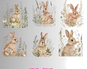 Watercolor Bunny Clipart Bundle: Spring Flowers, Easter Decor PNG & JPG, 939