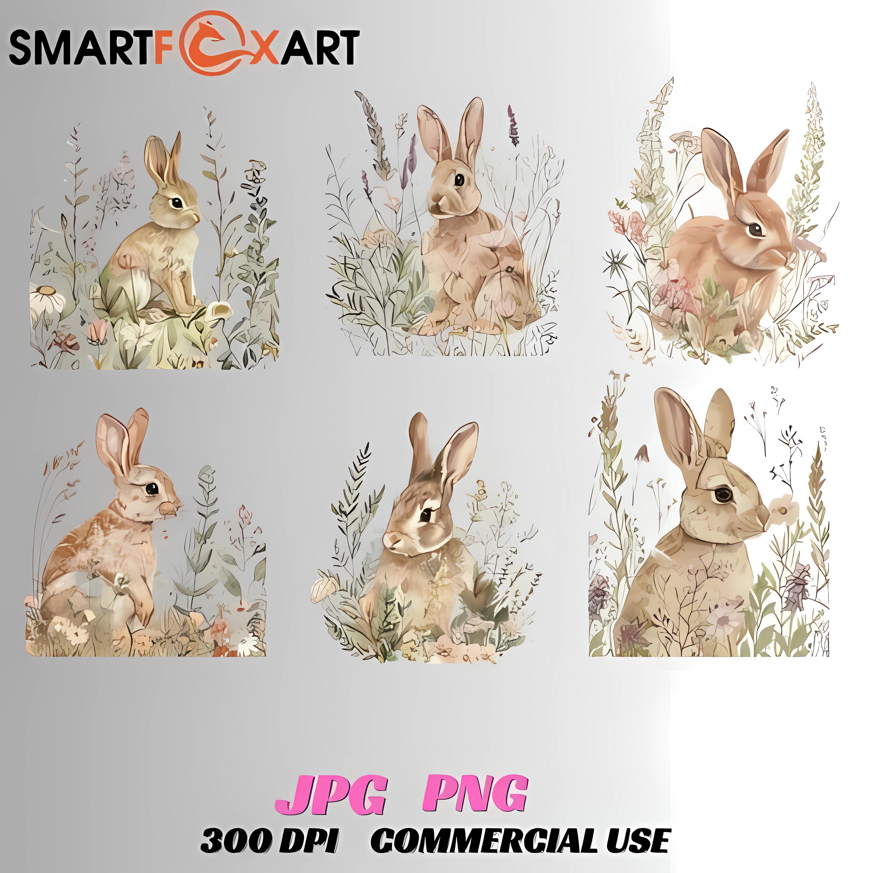 Watercolor Bunny Clipart Bundle: Spring Flowers, Easter Decor (PNG ...