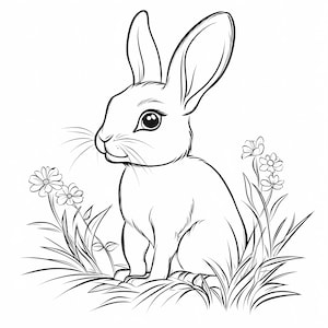 May include: A black and white line drawing of a rabbit sitting in a field of grass with flowers. The rabbit has large ears and a fluffy tail.