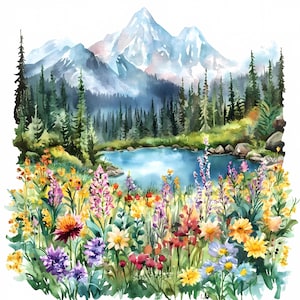 Conjunto de arte de parede com paisagem floral em aquarela de lago de montanha, impressões de cenas de lago com prado de flores silvestres, decoração de parede com natureza, arte de lago com prado de montanha