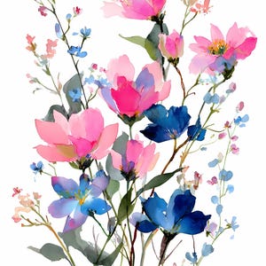 Blue and Pink Watercolor Flower Clipart Bundle Set of 12 - Delicate Floral PNG JPG Art for Sublimation, DIY Crafts, Wedding Invites