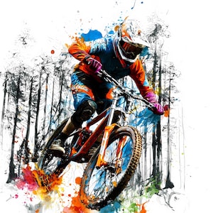 Può includere: Illustrazione dinamica di un mountain biker in azione, sullo sfondo di alberi stilizzati. Il ciclista indossa un casco e protezioni, con vivaci spruzzi di arancione, blu e rosso che aggiungono energia alla scena. La bici è arancione e nera.