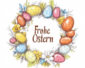 Frohe Ostern German Easter Clipart: Bunny Wreath PNG (Digital Download)
