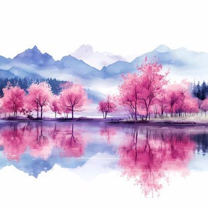Conjunto de arte mural con lago de montaña y cerezos en flor, impresión de paisaje con sakura rosa, ilustración de naturaleza de estilo japonés, reflejo de cerezos