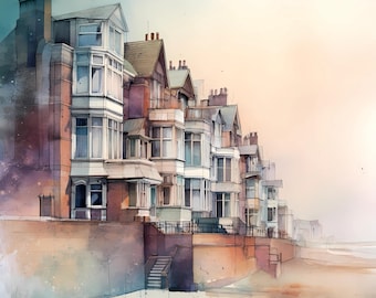 Watercolor Coastal Houses Clipart Bundle, Seaside Town PNG Set, Beach Village Art