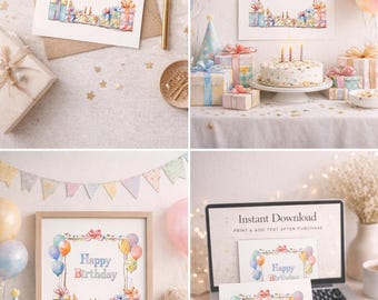 Watercolor Birthday Clipart Bundle: Pastel Party Illustrations (PNG JPG) Commercial Use