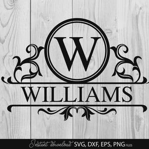 Delad bokstavsmonogram SVG, anpassad efternamnsskylt, cirkelinitialdesign, personligt efternamn
