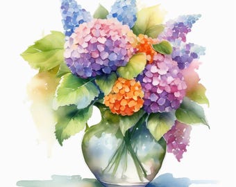 Watercolor Hydrangea Clipart: Floral Bouquet PNG (Digital Download)