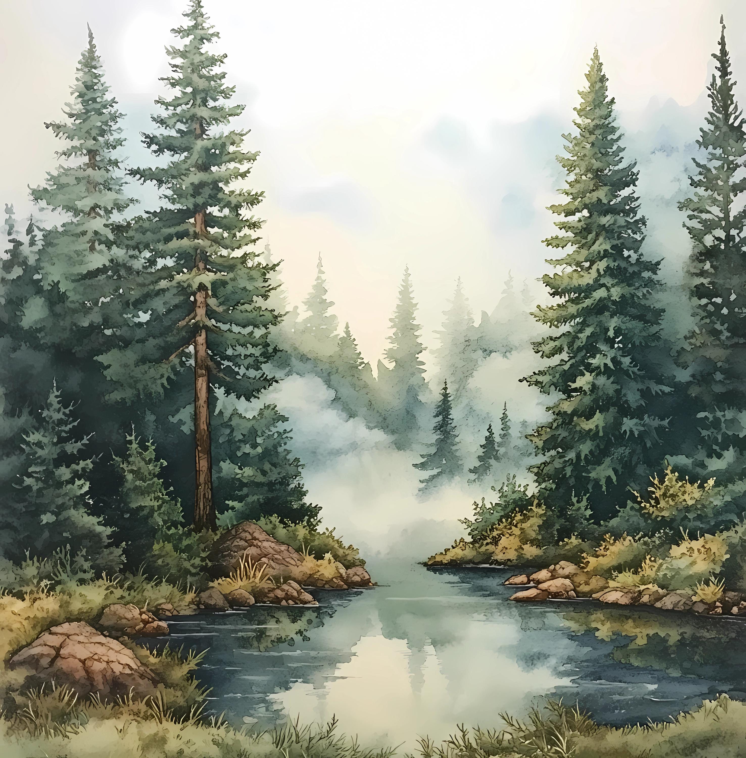 Misty Forest Lake Printable Wall Art, Watercolor Pine Tree Landscape ...
