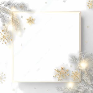 May include: A gold-framed square design with a white interior, decorated with gold snowflakes and silver-white pine branches. The design has a festive, winter holiday theme, with a bright, clean aesthetic.