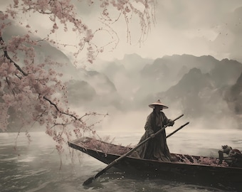 May include: A serene landscape depicts a person in traditional attire rowing a wooden boat on a misty lake. Cherry blossoms with pink flowers cascade over the water. Mountains rise in the background, creating a tranquil scene.