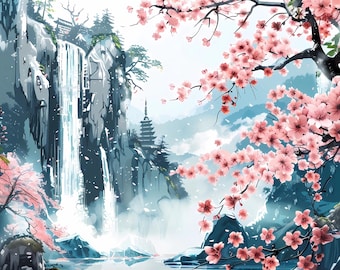 Japanese Cherry Blossom Waterfall Art Prints: Zen Landscape, PNG