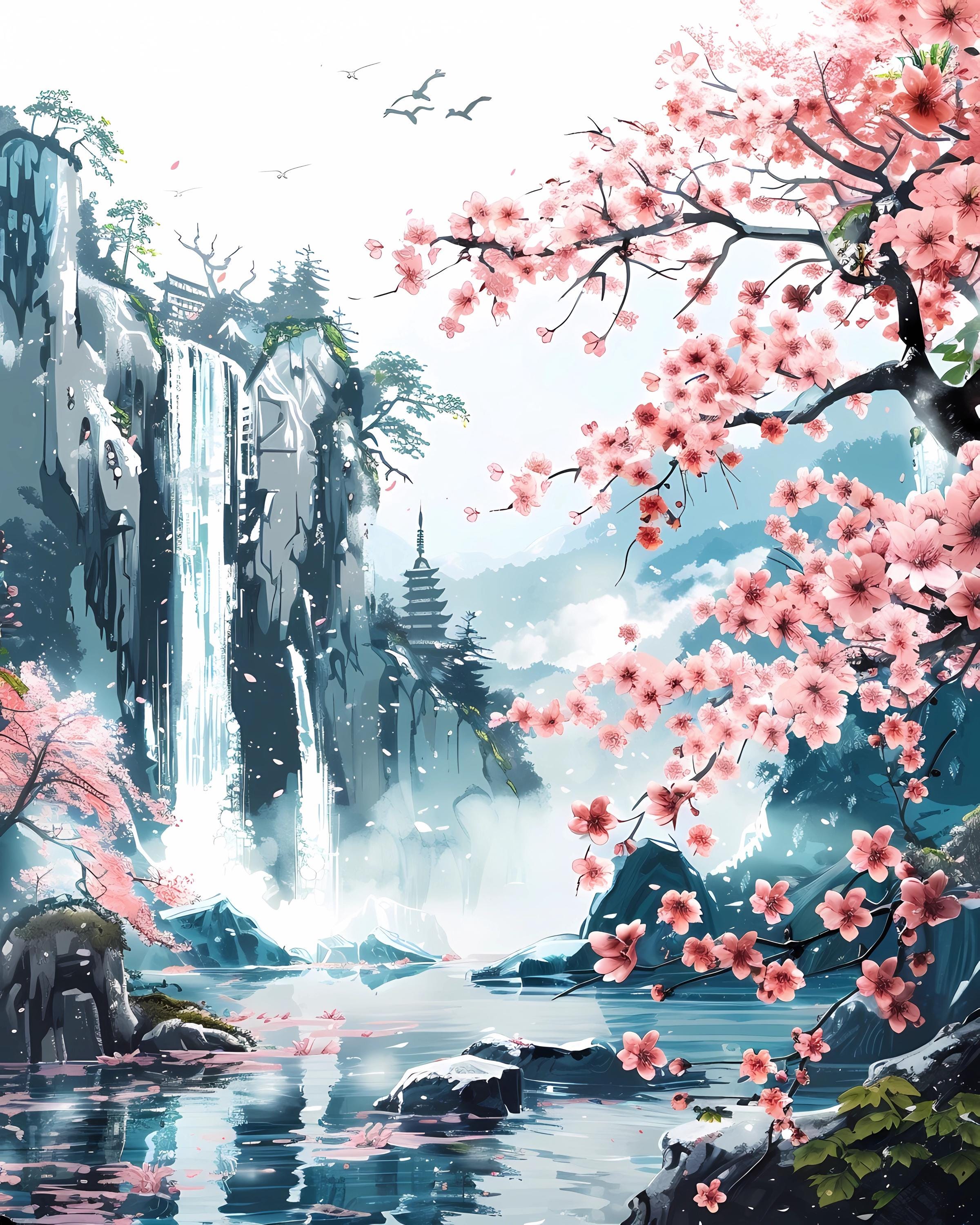 Japanese Cherry Blossom Waterfall Art Prints: Zen Landscape, PNG