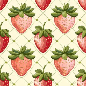Strawberry pattern illustration showing repeating red berries with soft highlights and green leaves, arranged on a pastel background to create a warm summer feeling, suitable for wallpaper designs, kitchen accessories, fabric decor, creative crafts, paper goods, packaging visuals, and decorative fruit themed projects.