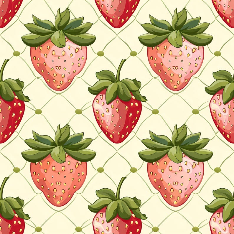 Strawberry pattern illustration showing repeating red berries with soft highlights and green leaves, arranged on a pastel background to create a warm summer feeling, suitable for wallpaper designs, kitchen accessories, fabric decor, creative crafts, paper goods, packaging visuals, and decorative fruit themed projects.