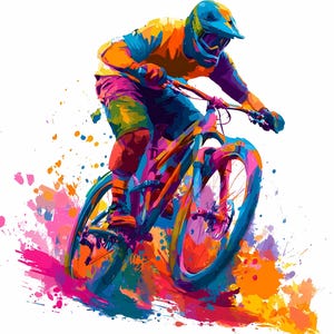 Puede incluir: Ilustración colorida de un ciclista de montaña en acción. El ciclista lleva casco y equipo de ciclismo, sobre una bicicleta vibrante. Salpicaduras de pintura en naranja, azul, rosa y morado crean un efecto dinámico, sugiriendo velocidad y movimiento.