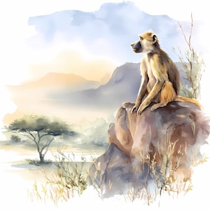 Baboon Watercolor Wall Art Bundle Set of 12 – Safari Wildlife Animal Posters for DIY Home Decor