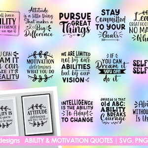 Könnte beinhalten: Ein Satz von 20 motivierenden Zitaten über Fähigkeit und Motivation. Die Zitate sind in schwarzem Text auf einem bunten Hintergrund. Die Zitate beinhalten Sätze wie "Fähigkeit ist, wozu du fähig bist", "Einstellung bestimmt, wie gut du es tust", "Wir sind nicht durch unsere Fähigkeiten, sondern durch unsere Vision begrenzt", und "Erfolg ist das alte ABC: Fähigkeit bricht Mut".