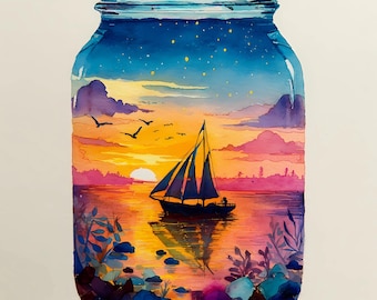 Watercolor Sailboat Jar Art: Nautical Sunset Print Bundle (PNG JPG)