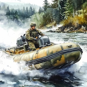 Clipart acquerello di gommone militare, motoscafo da combattimento PNG JPG Bundle di stampe digitali di barche di soldati dell'esercito, arte tattica di pattugliamento fluviale