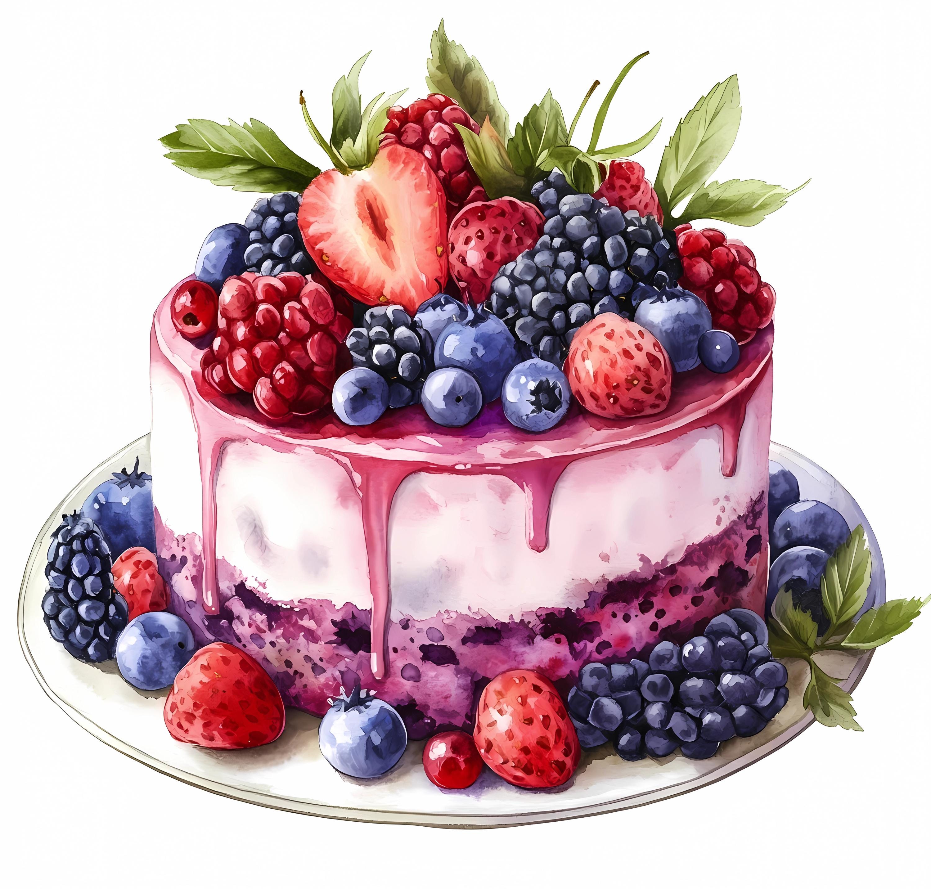 Watercolor Berry Cake Clipart Bundle: Printable Dessert Art, PNG JPG ...