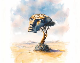 Arte surreal de paisagens desérticas, pinturas oníricas de rostos e relógios.