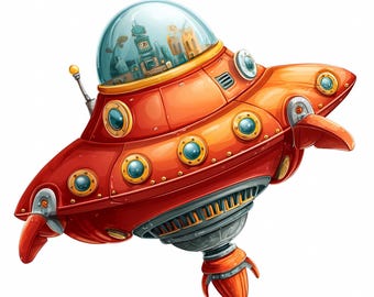 Retro Spaceship Clipart Bundle: Vintage Sci-Fi Rocket PNG JPG Digital Download, 980