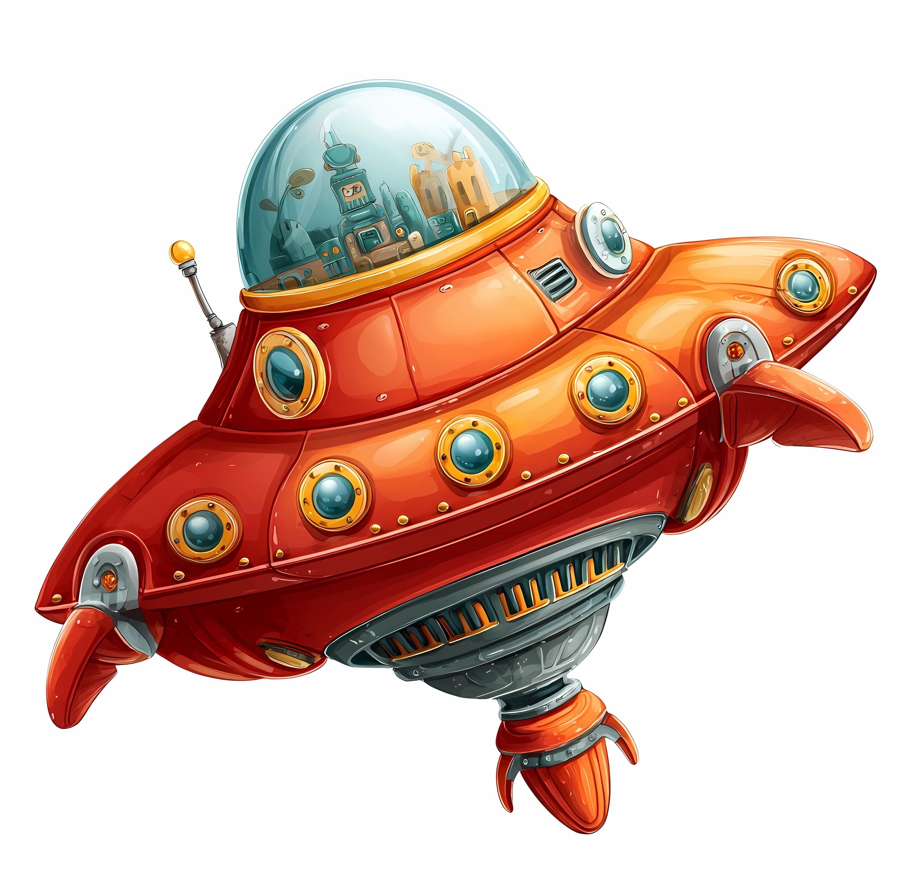 レトロな宇宙船クリップアートバンドル：ビンテージSFロケットPNG JPG