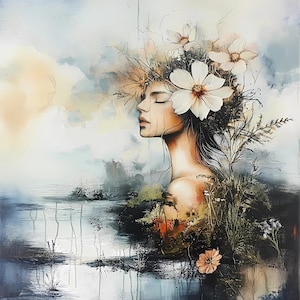 Mystische weibliche Porträts Clipart Bundle, ätherische Frau Aquarell Kunst, verträumte abstrakte weibliche Porträts PNG JPG, Boho Wand Kunst spirituell