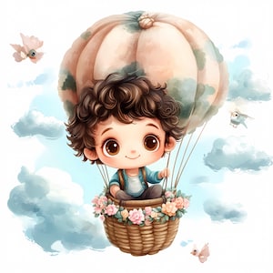 Set of 10 Boy with Air Balloon Clipart | Boy in Air Balloon PNG Files | Card Making | Digital Paper Crafts | Watercolor Art | Boho Style