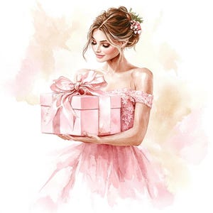 Romantische elegante Frau mit Geschenkbox Clipart-Bundle - 8 rosa Kleid Mode Dame PNG Illustration - Aquarell Feminine schicke Geburtstagsgeschenk