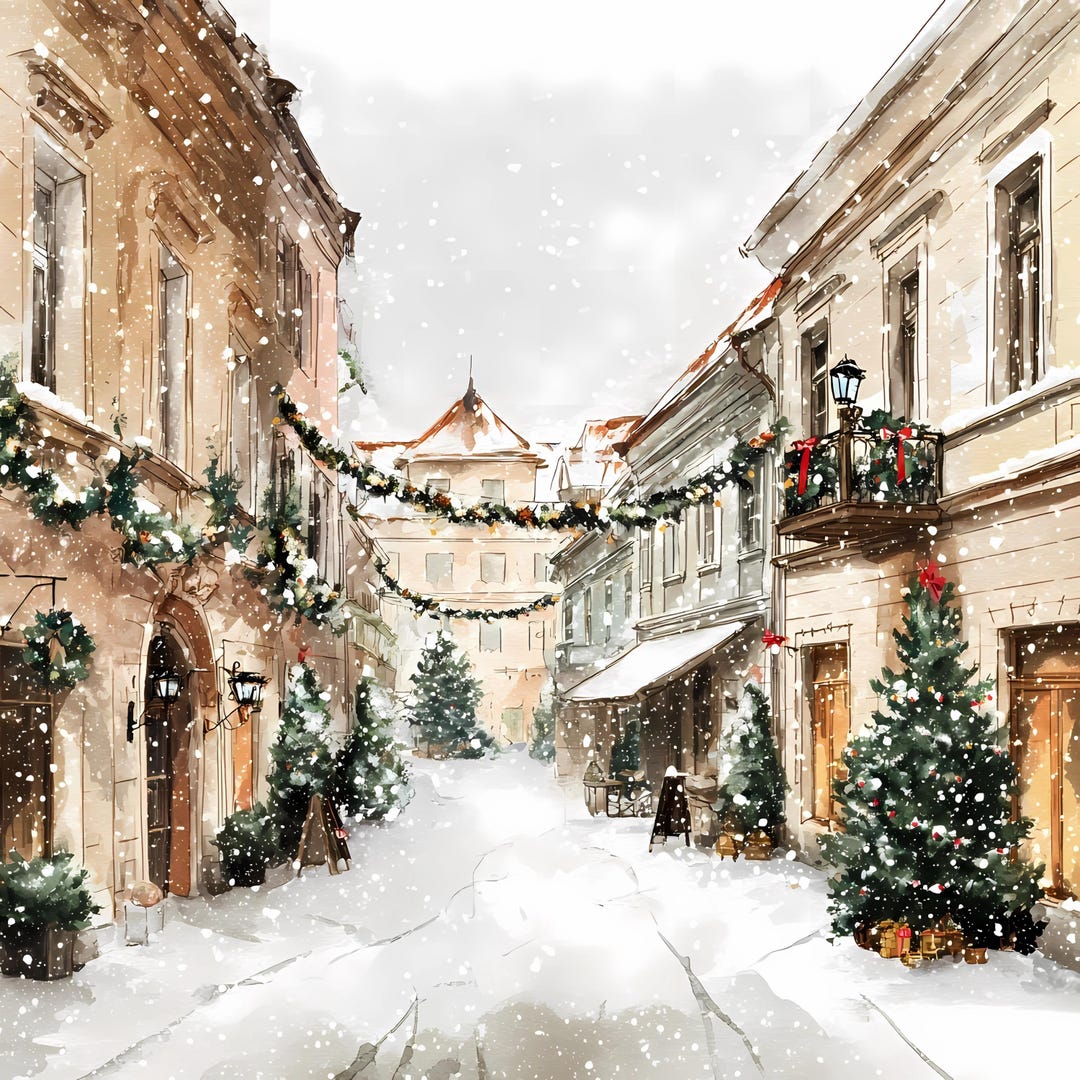 Watercolor Christmas Town Street Scene Holiday Market Winter Village ...