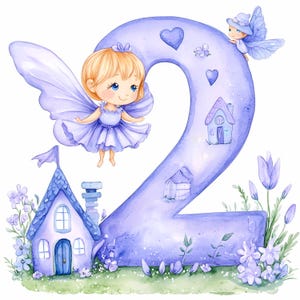 Conjunto de clipart de 2º aniversário de fada, número mágico roxo dois, clipart de aquarela, PNG de menina aniversariante, impressão de menina, diário de lixo, download instantâneo