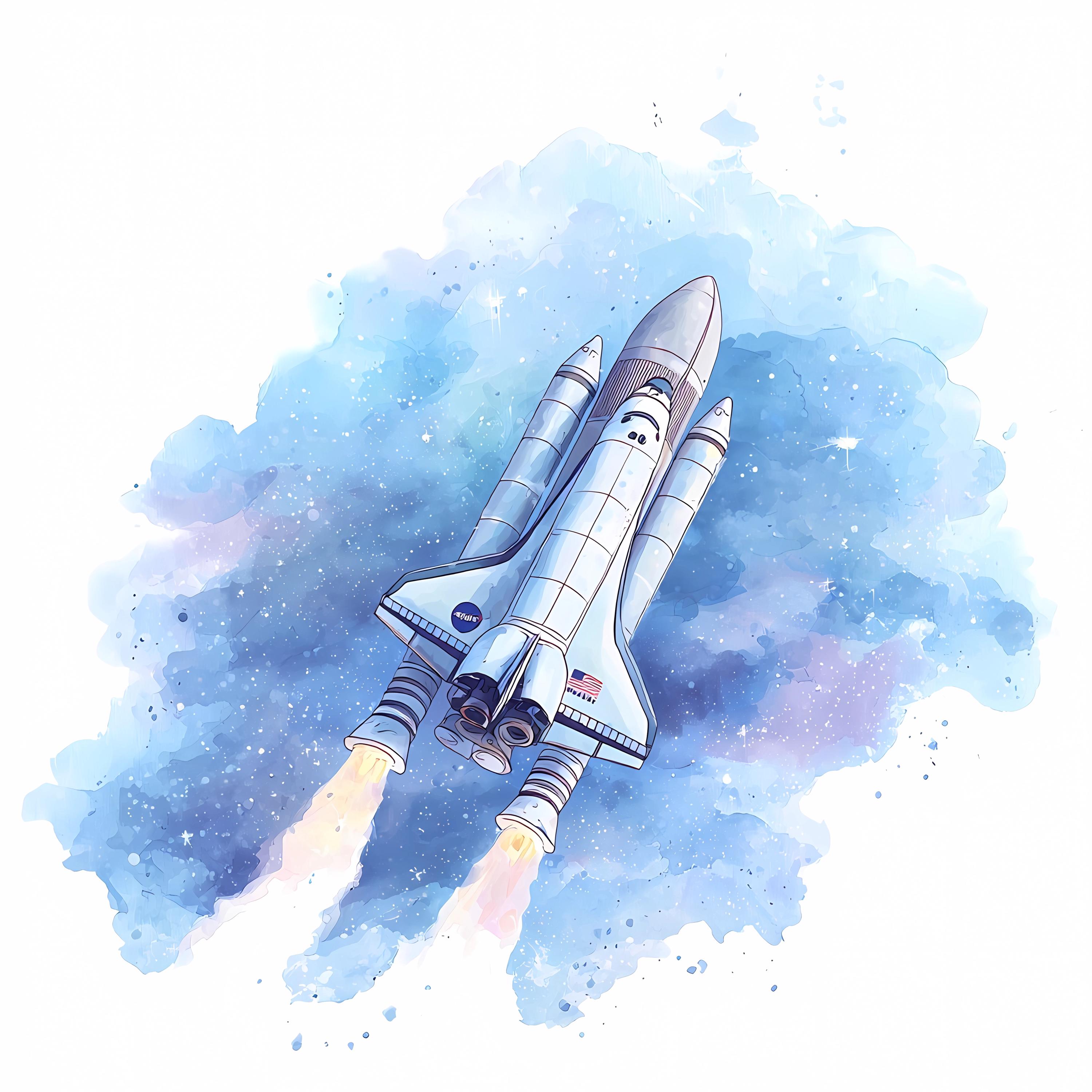Watercolor Space Shuttle Art Bundle: Rocket Launch, Cosmic Sky, Digital ...