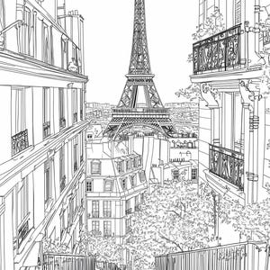 Desenhos para colorir Eu amo Paris PNG, desenhos para colorir com tema parisiense para crianças e adultos, download digital, Torre Eiffel PNGs de alta qualidade para impressão