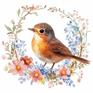 Couronne de printemps aquarelle avec oiseaux, clipart | Clipart oiseaux de printemps | Papier floral à téléchargement instantané, créations artisanales, journal indésirable Scrapbooking