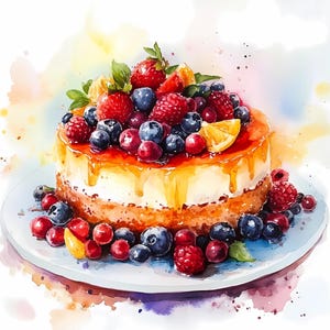 Aquarell Obstkuchen Clipart Bundle mit Beeren und Sahne, Erdbeer Himbeer Blaubeer Kuchen JPG Dessert für Geburtstag Hochzeit DIY Prints