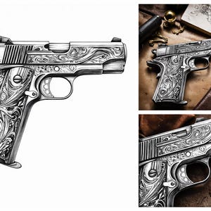 Paquete de imágenes prediseñadas de pistola grabada PNG, arte lineal de pistola vintage, ilustración de pistola en blanco y negro