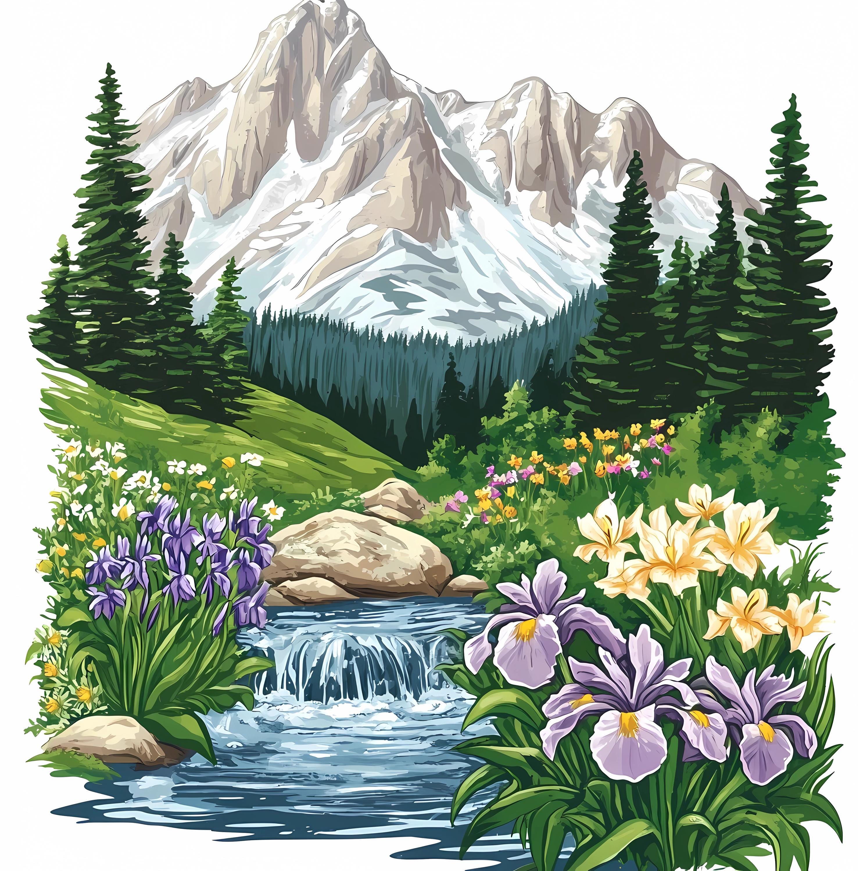 水彩画風の野花クリップアート：山と湖の風景 PNG JPG バンドル、856