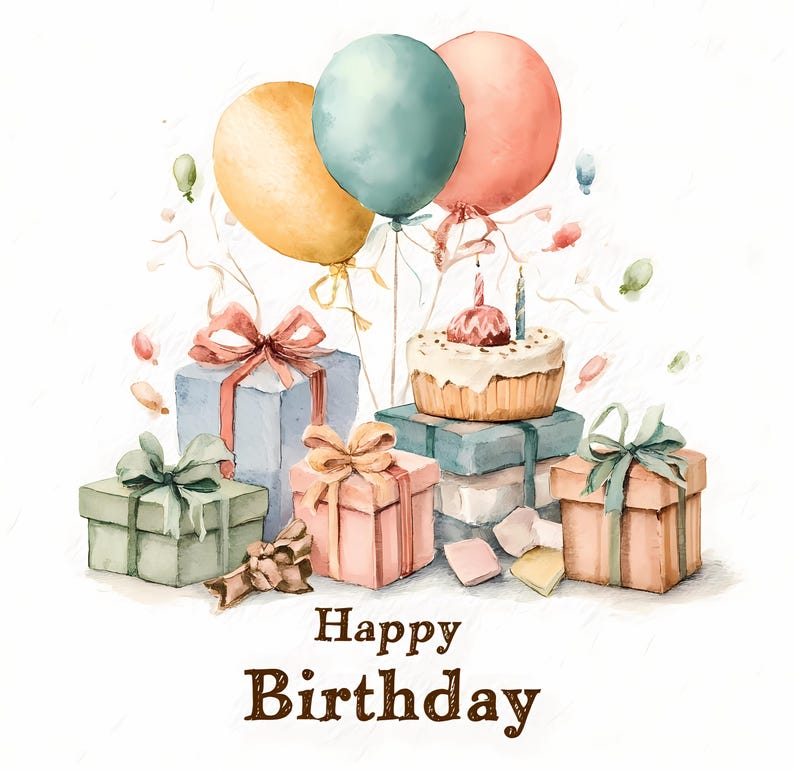 Watercolor Birthday Clipart Bundle: Pastel Balloons, Cakes, Gifts ...