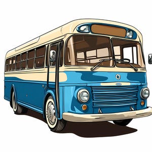 Conjunto de 8 imágenes prediseñadas de acuarela de autobuses antiguos en formato PNG de alta calidad, arte de pared de autobuses antiguos descargable, diarios basura, imágenes prediseñadas de scrapbooking
