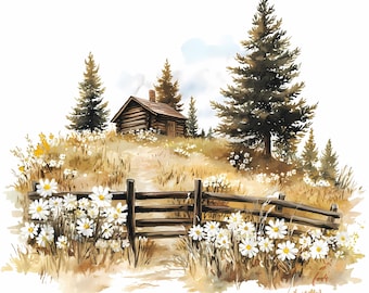 Watercolor Countryside Landscape Clipart Set of 10: Summer Scenery PNG Bundle Digital Download, 299