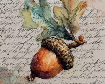 May include: Watercolor illustration of an acorn with green and orange leaves. The acorn is brown with a textured cap. The background features handwritten script in sepia tones, creating a vintage aesthetic.
