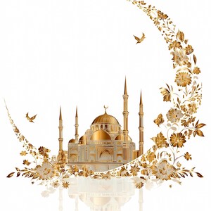 High-quality golden mosque illustration with ornate crescent moon and floral decorations, perfect for Eid Mubarak or Islamic holiday celebrations, featuring detailed domes, minarets and luxury floral elements. Ideal for greeting cards, wall art, DIY projects and printable decorations in Islamic cultural themes. Includes PNG with transparent background and JPG formats for easy use in crafts, sublimation, scrapbooking, digital invitations, and festive design projects.