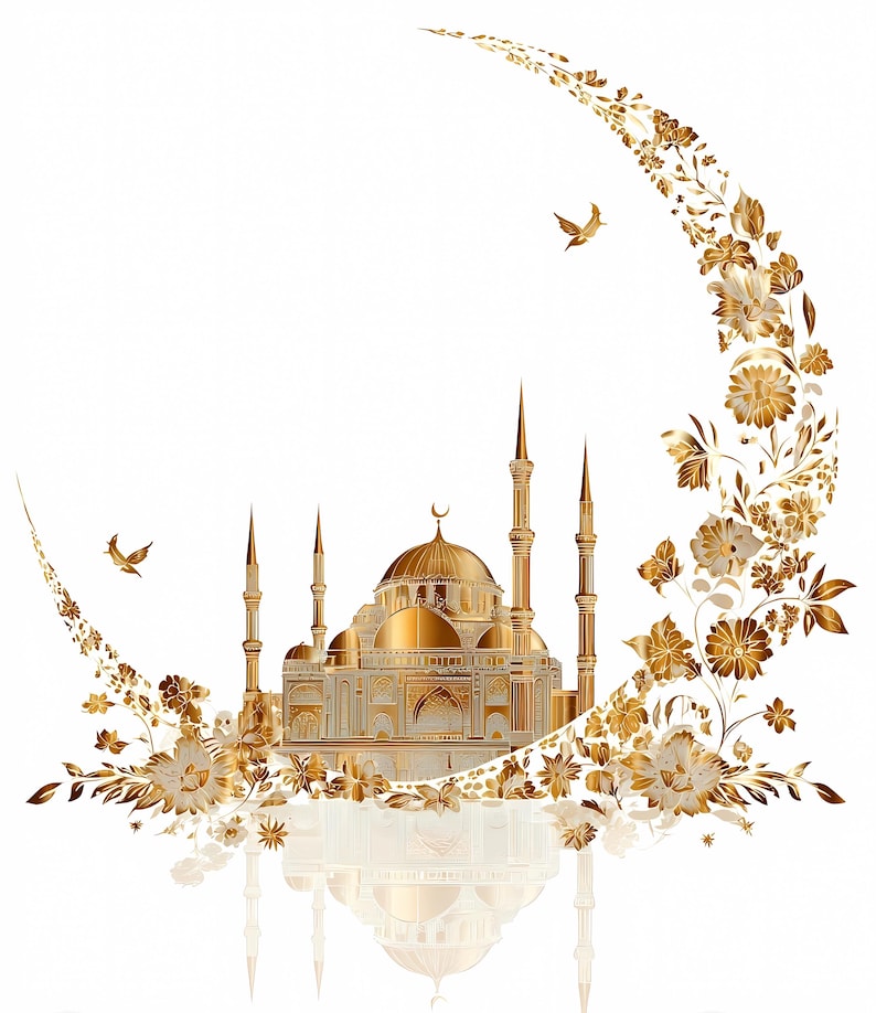 High-quality golden mosque illustration with ornate crescent moon and floral decorations, perfect for Eid Mubarak or Islamic holiday celebrations, featuring detailed domes, minarets and luxury floral elements. Ideal for greeting cards, wall art, DIY projects and printable decorations in Islamic cultural themes. Includes PNG with transparent background and JPG formats for easy use in crafts, sublimation, scrapbooking, digital invitations, and festive design projects.