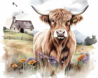Höglandsko akvarell clipart set med 8: Gårdsdjur PNG, digital nedladdning, 568